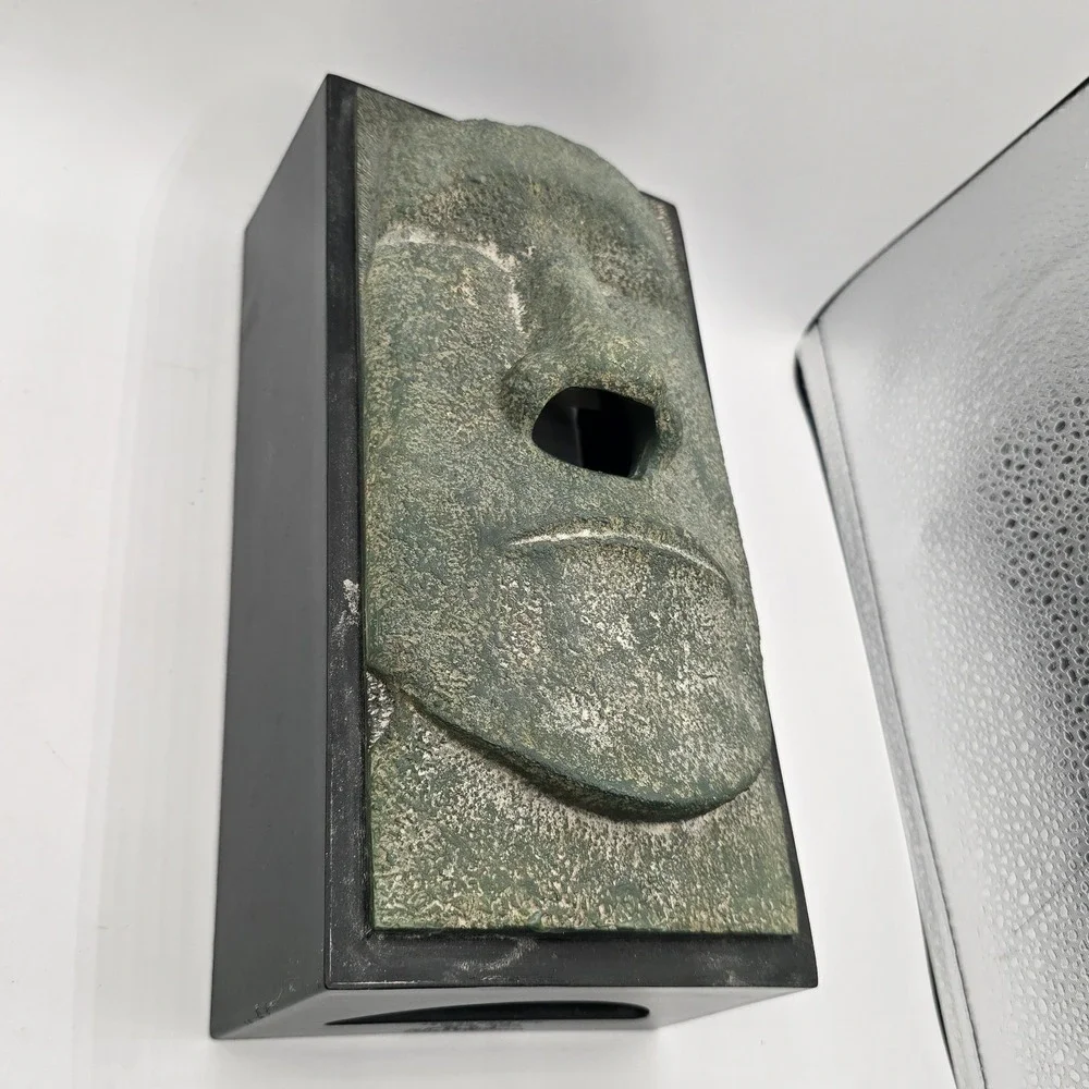 Easter Island Tiki Head Face Tissue Box Holder Dispenser Kleenex Green/Black Vtg